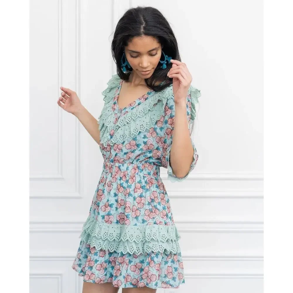 The Shirt Nicky Floral Ruffle Mini Dress Mint Eyelet Lace Medium